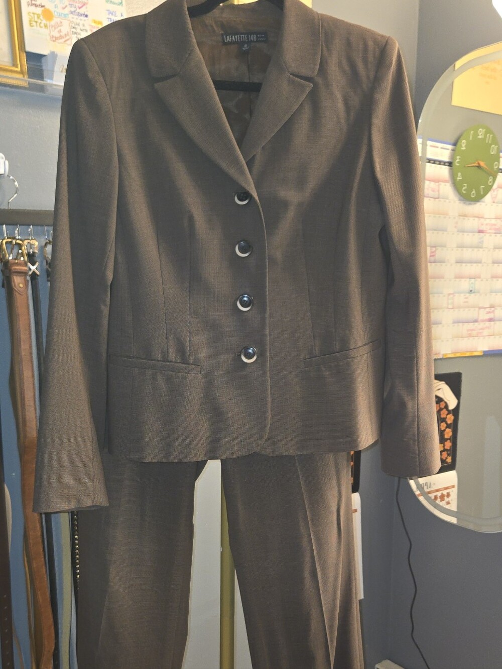 Lafayette 148 New York Virgin Wool Pantsuit Brown Career Suit Size 12